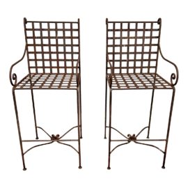 Outdoor Brown Wrought Iron Bar Stools, a Pair