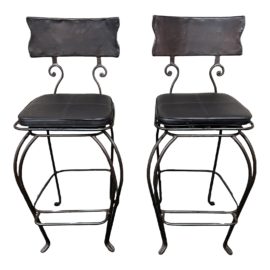 Early 21st Century Spanish Style Iron Bar Stools, a Pair