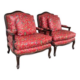 William Switzer Custom Polished Chintz Bergere Chairs, a Pair