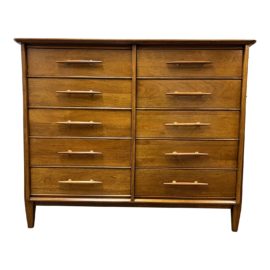 Mid 20th Century Davis Cabinet Company 10 Drawer Wicker Walnut Dresser