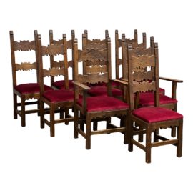 Vintage Spanish Hand Carved Wood + Mohair Chairs, Set of 10