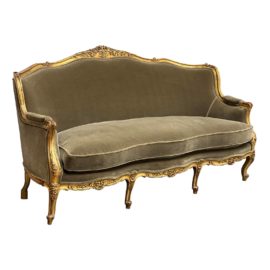 Louis XV Style Olive Green Velvet Giltwood Sofa