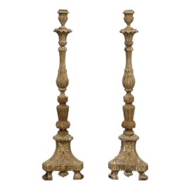 Antique Pair of Ornate Tall Wooden Candlesticks