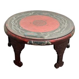 Asian Low Red Round Coffee Table + Glass Top
