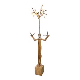 Rustic Style Carved Man + Birds Sculpture