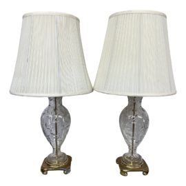 Vintage Glass + Brass Table Lamps, a Pair