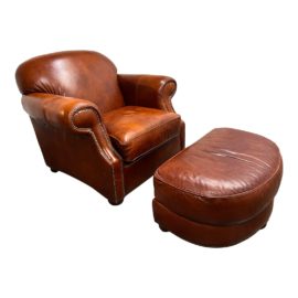 Robinson & Robinson Classic Cognac Club Chair + Ottoman. Original Price: $3,600