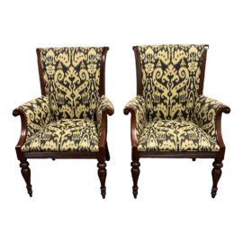 Ethan Allen Rattan Woven Back Arm Chairs, a Pair
