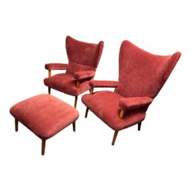 Widen Nilsson Swedish His & Her Arm Chairs, a Pair + Ottoman. Original Price: $32,480