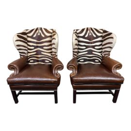 Custom Leather + Hide Arm Chairs, a Pair