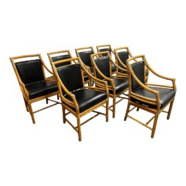 McGuire Furniture Vintage Rattan Target Arm Chairs + Black Leather- Set of 8. Original Price: $36,000