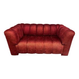 Custom Design Scarlet Art Deco Channel Back Loveseat in Vintage Red/Gold Flecked Chenille Sofa. Original Price: $5,000
