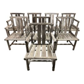 McGuire Furniture Carved Bamboo Style Weathered Teak Outdoor Chairs, Set of Eight
