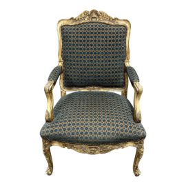 William Switzer French Style Bergere Armchair With Blue + Gold Moroccan Upholstery