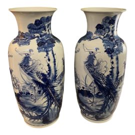 Vintage Chinese Blue + White Large Vases, a Pair