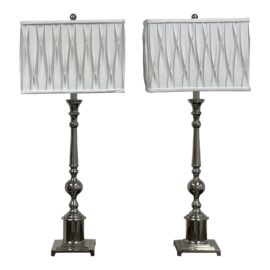 Contemproary Nickel Finish Lamps + Sofia Plisse Shades, a Pair. Original Price: $718