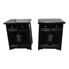Asian Curio Wooden Black Lacquered Bedside Cabinets, a Pair. Original Price: $1,500