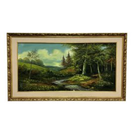Vintage Signed Landscape Artist Phillip Cantrell Forest + Stream in Gold Frame