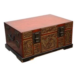 Vintage Chinese Red Lacquer + Applique Pigskin Trunk + Stand