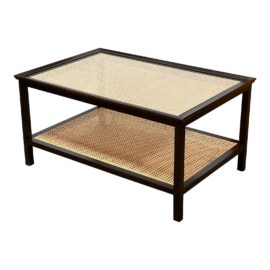 Transitional Cane + Brown Wood Coffee Table