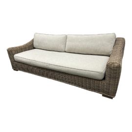 Restoration Hardware Provence Outdoor Sofa in Grey Wicker + Sand Linen Cushions. Original Price: $5,590