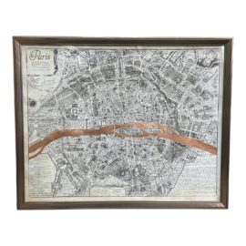 French Vintage Paris Map + Copper Seine River, Custom Framed