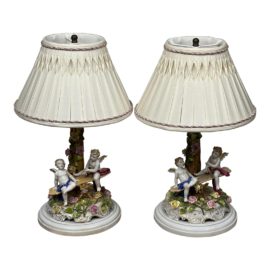 Vintage Painted Porcelain Cherubs Playing Table Lamps - Pair