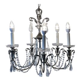 Antique French Crystal + Pewter Chandelier