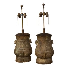Antique Chinese Bronze Vessels Conversion Table Lamps, a Pair