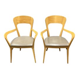 Vintage Sculpted Maple Armchairs + Embossed Ostrich Leather Upholstery, a Pair