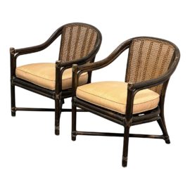 McGuire Furniture Vintage Cane + Rattan + Fabric Chairs, a Pair