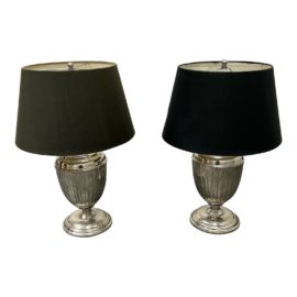 Contemporary Silver Finished Urn Table Lamps With Black Shades, a Pair