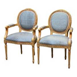Louis XVI Style Gilt Arm Chairs, a Pair