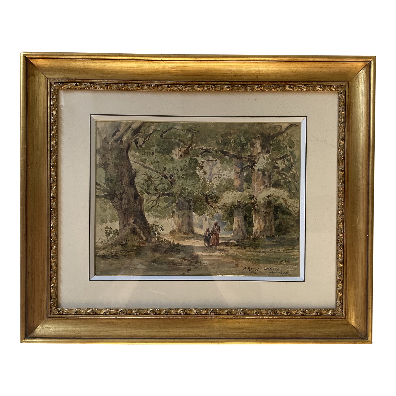 Paul Roux 1874 Landscape Watercolor Woman and Child Walking in Forest ...