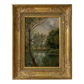 G. Senelier Landscape Artwork of Trees Near a Body of Water in Elegant Gold Frame
