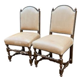 Spanish Revival Style Leather Side Chairs, a Pair