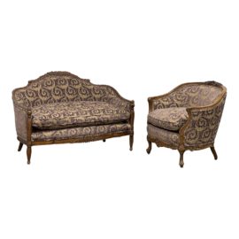 Antique Country Provincial Bergere Loveseat + Lounge Chair Set