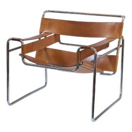 Vintage Marcel Breuer Wassily Style Leather + Chrome Lounge Chair