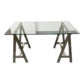 Steel Saw Horse Frame Desk + Glass Top