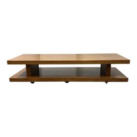 Mid 20th Centruy Plank Walnut Finish Trestle Coffee Table + Casters