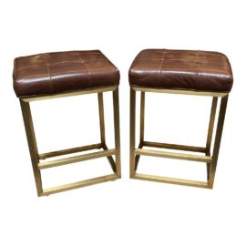 Restoration Hardware Emery Tufted Leather + Brass Counter Stools, Set of Two. Original Price: $3,950