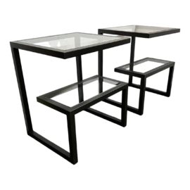 Modernist G Shape Glass+ Steel Side Tables, a Pair
