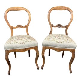 Antique Victorian Balloon Back + Needlepoint Side Chairs, a Pair