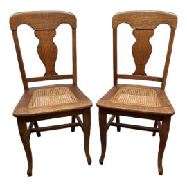 Antique Oak Wood + Caned Side Chairs, a Pair