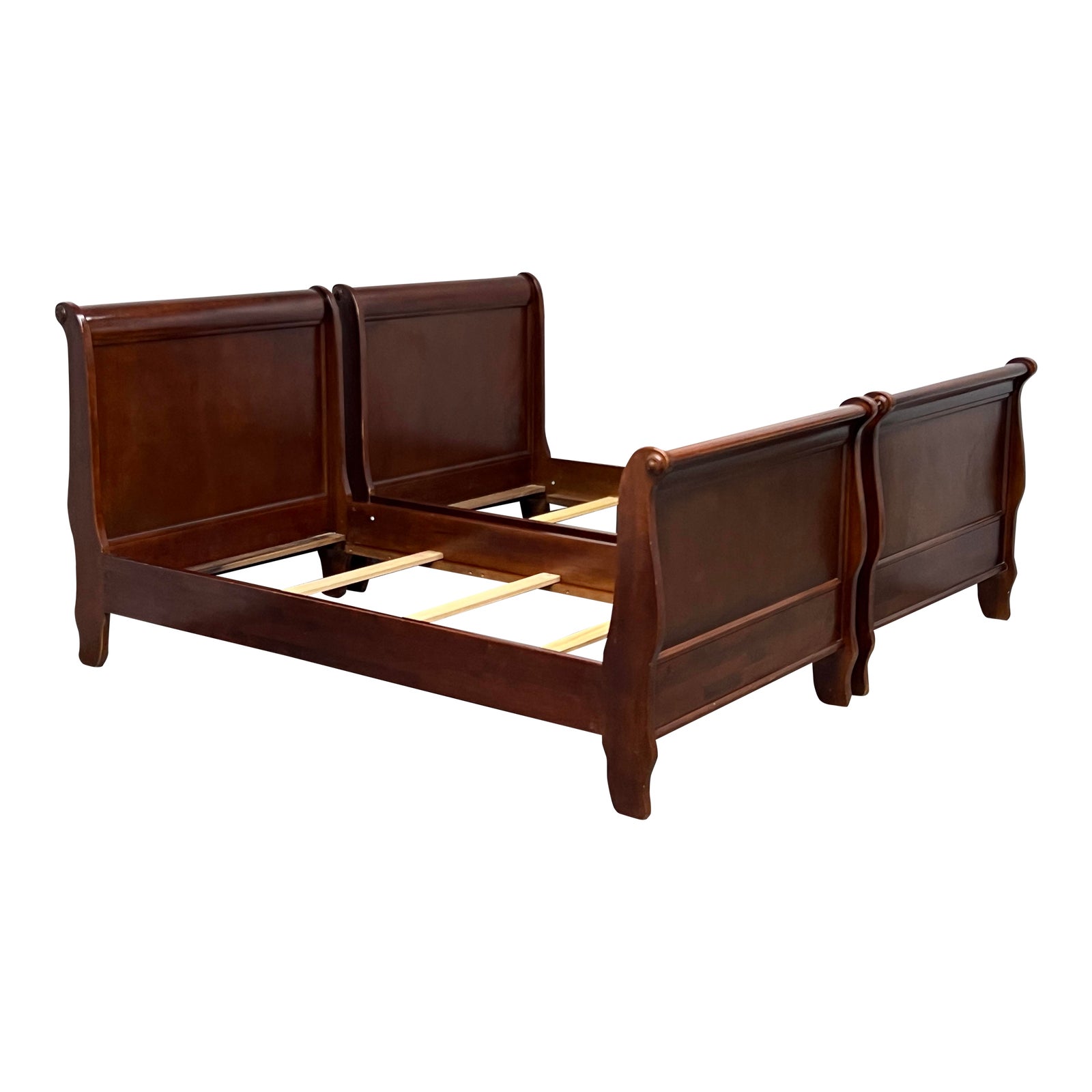 Twin Size 1990's Bombay & Company Double Twin Mahogany Bed Frames, a