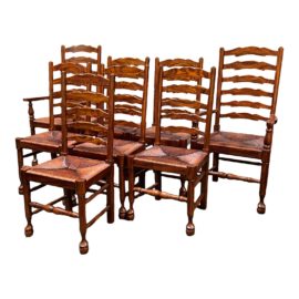 Vintage Dutch Ladderback + Rush Dining Chairs, Set of Eight