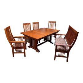 Nichols & Stone Vintage Mission Style Extension Table + Seating Set. Original Price: $3,800
