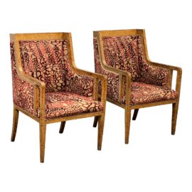 Vintage Laser Cut Maroon Chairs + Burl Wood Veneer Frames, a Pair