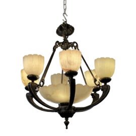 Vintage Raylo 2021 Neoclassical Alabaster Chandelier + Uplighting