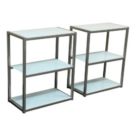 Contemporary Stainless Steel + Frosted Glass 3 Shelf Bookshelves, a Pair